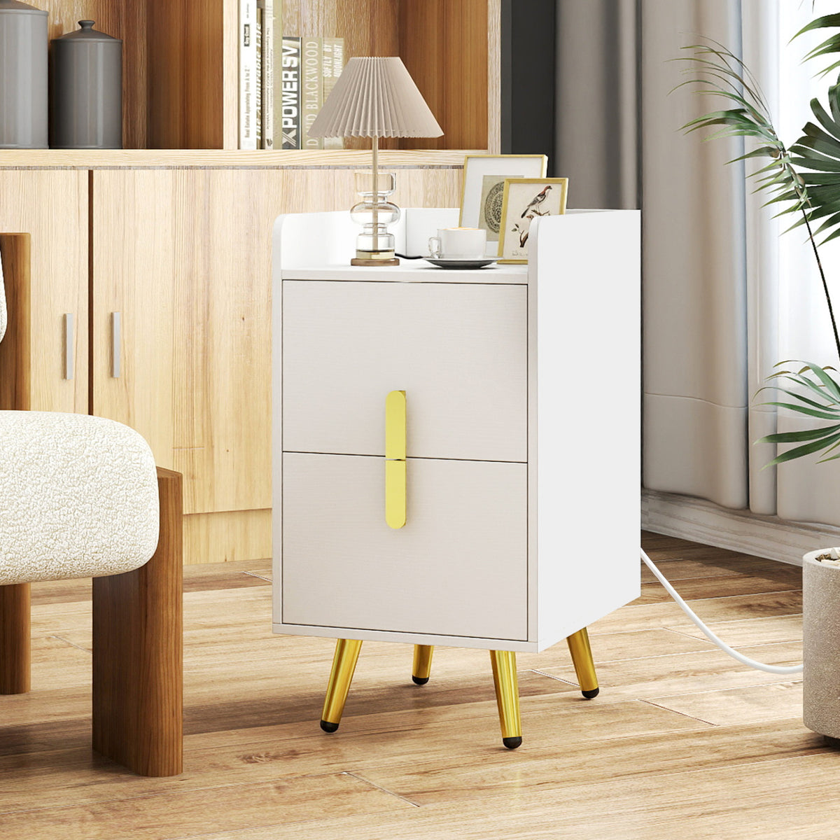 Nightstand Side Tables, 2 Drawers, 2 USB Ports, White Nightstands at Gallery Canada