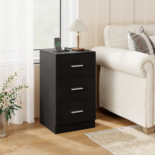 Nightstand with Charging Station End Table with 3 Storage Drawers Bedside Table for Bedroom, Black Nightstands Black at Gallery Canada
