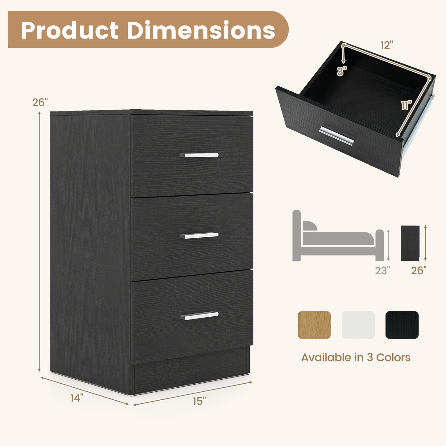 Nightstand with Charging Station End Table with 3 Storage Drawers Bedside Table for Bedroom, Black Nightstands at Gallery Canada