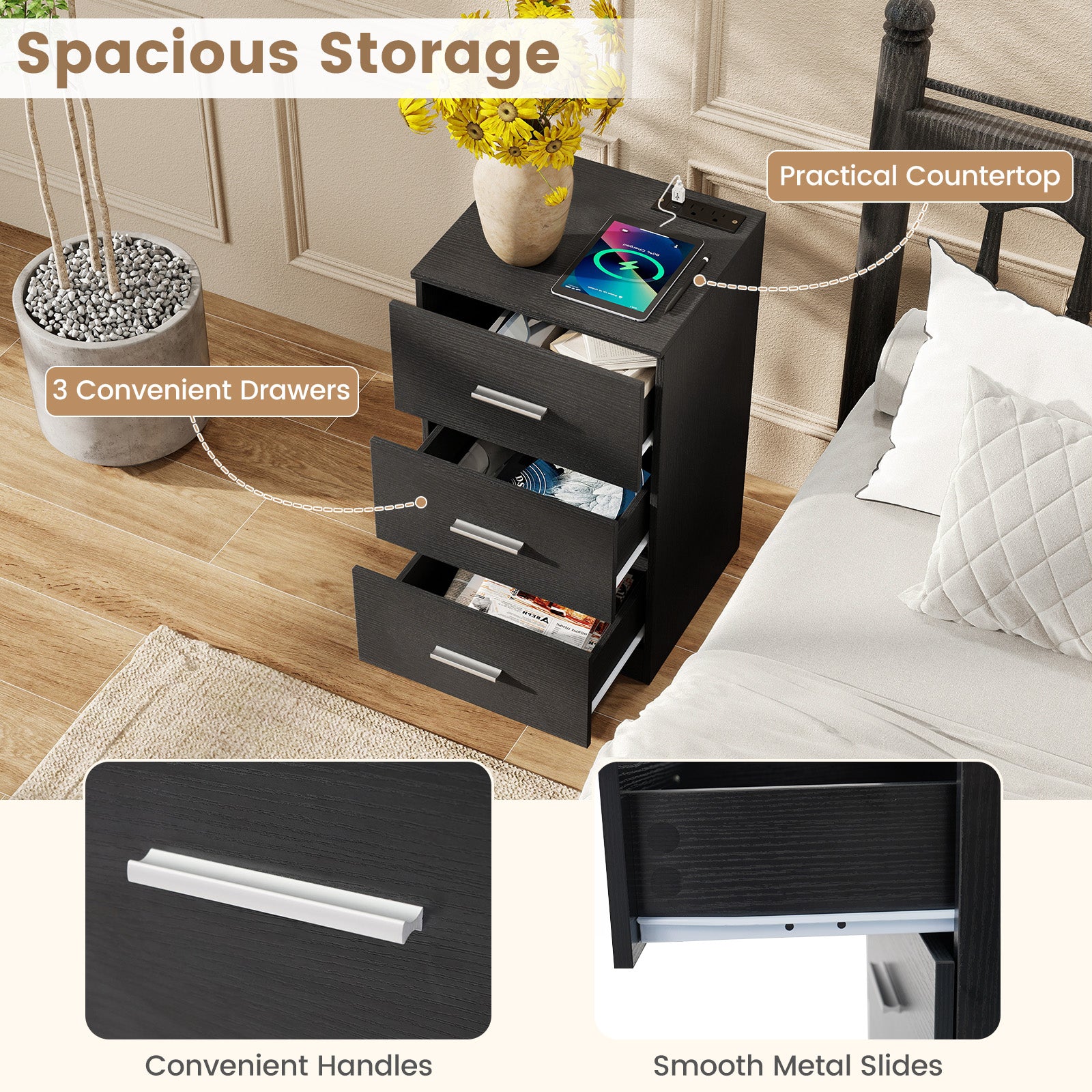 Nightstand with Charging Station End Table with 3 Storage Drawers Bedside Table for Bedroom, Black Nightstands at Gallery Canada