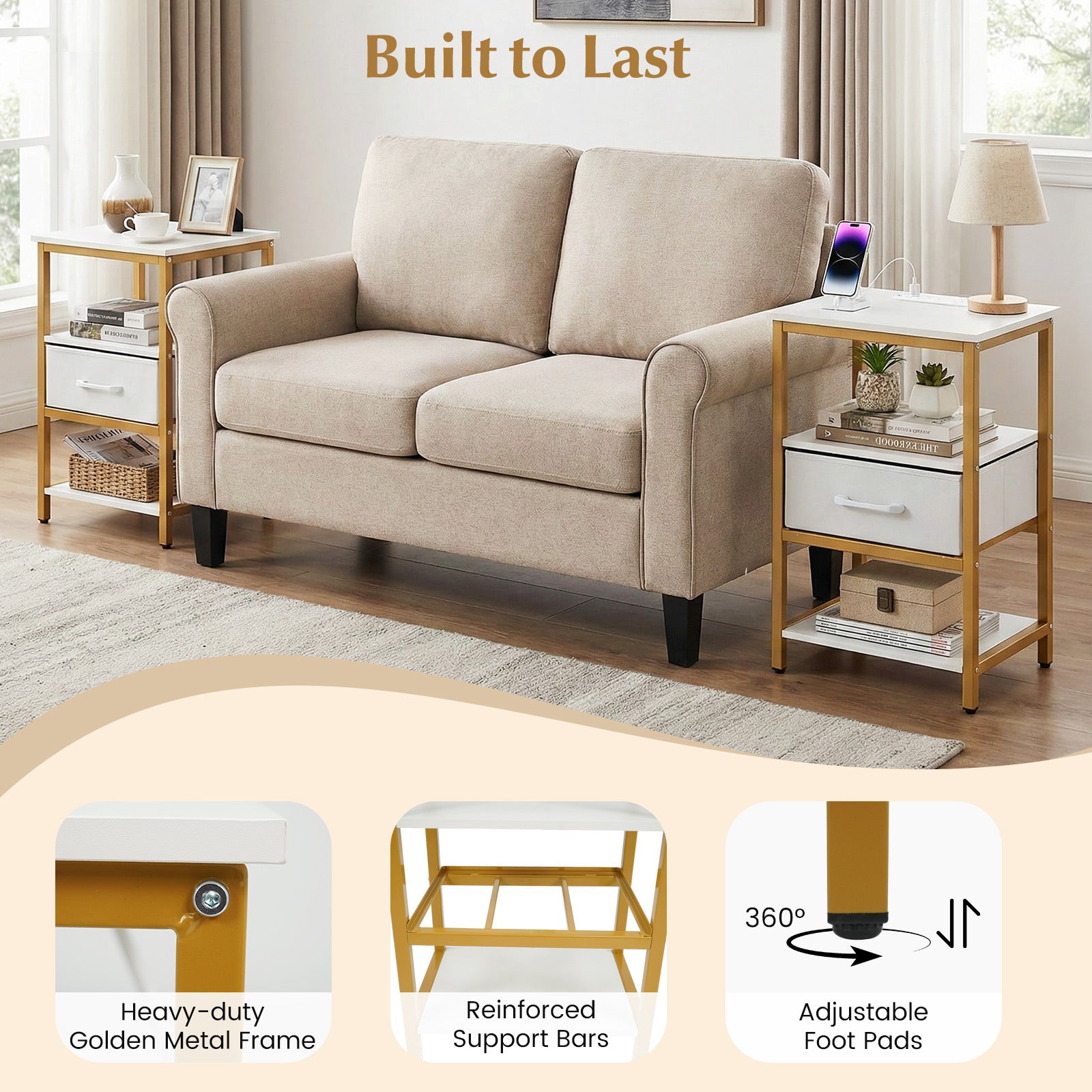 Nightstand with Charging Station and Adjustable Fabric Drawer for Bedroom and Living Room-1 Piece Nightstands at Gallery Canada