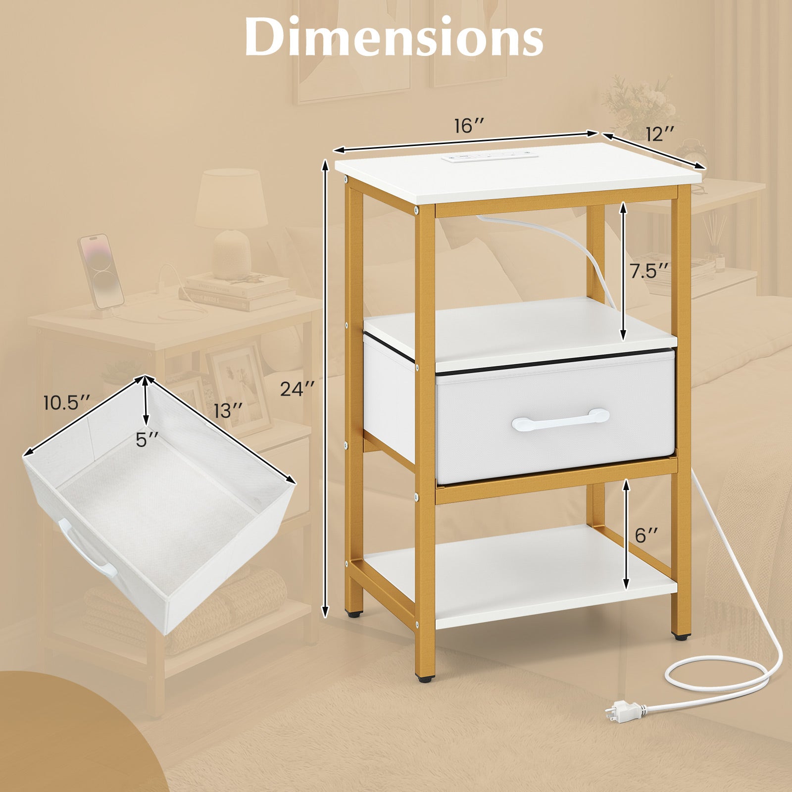 Nightstand with Charging Station and Adjustable Fabric Drawer for Bedroom and Living Room-Set of 2 Nightstands at Gallery Canada