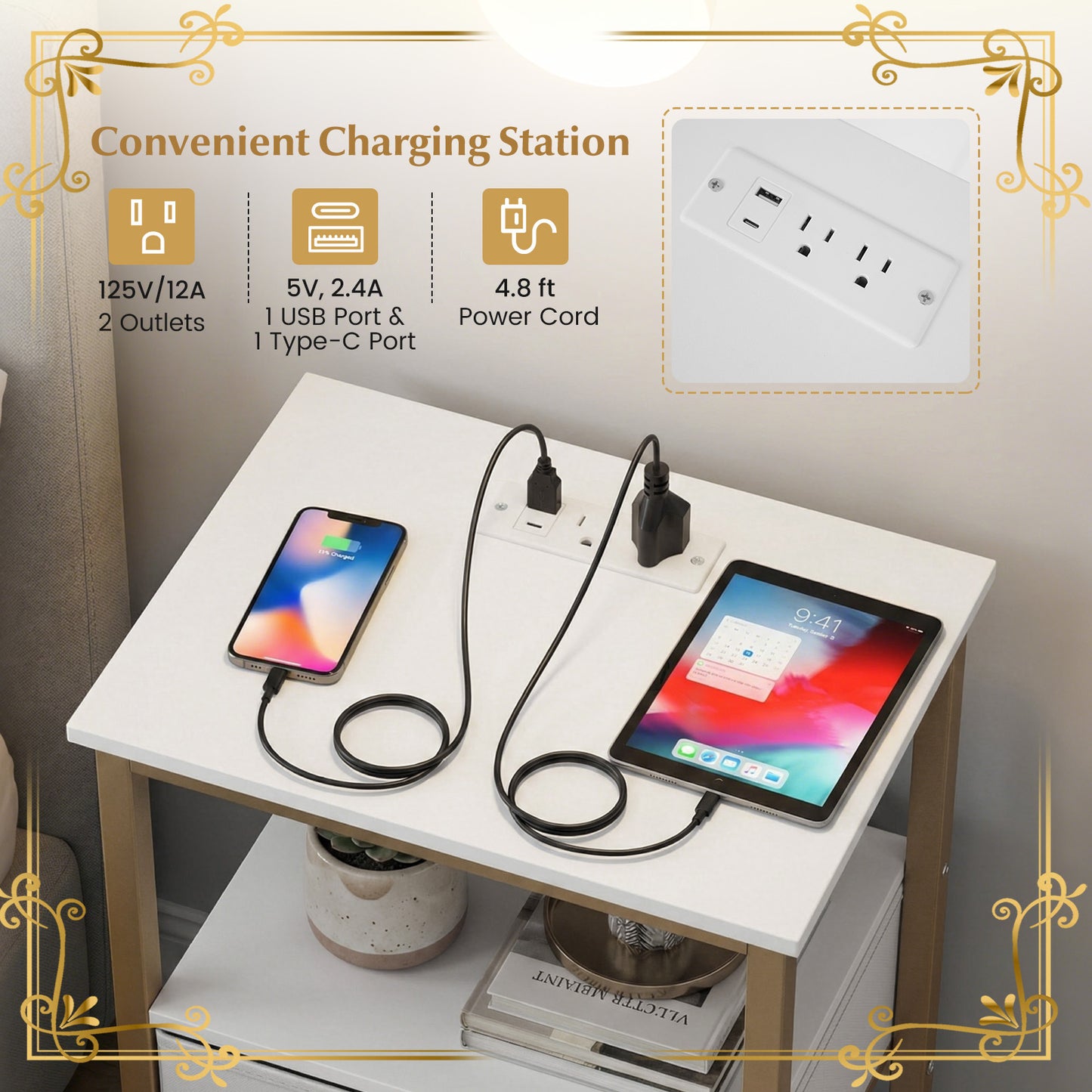 Nightstand with Charging Station and Adjustable Fabric Drawer for Bedroom and Living Room-Set of 2 Nightstands at Gallery Canada