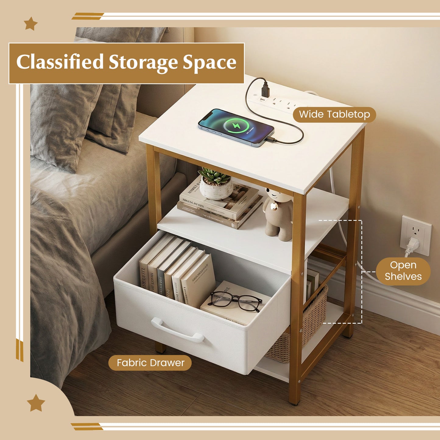Nightstand with Charging Station and Adjustable Fabric Drawer for Bedroom and Living Room-Set of 2 Nightstands at Gallery Canada