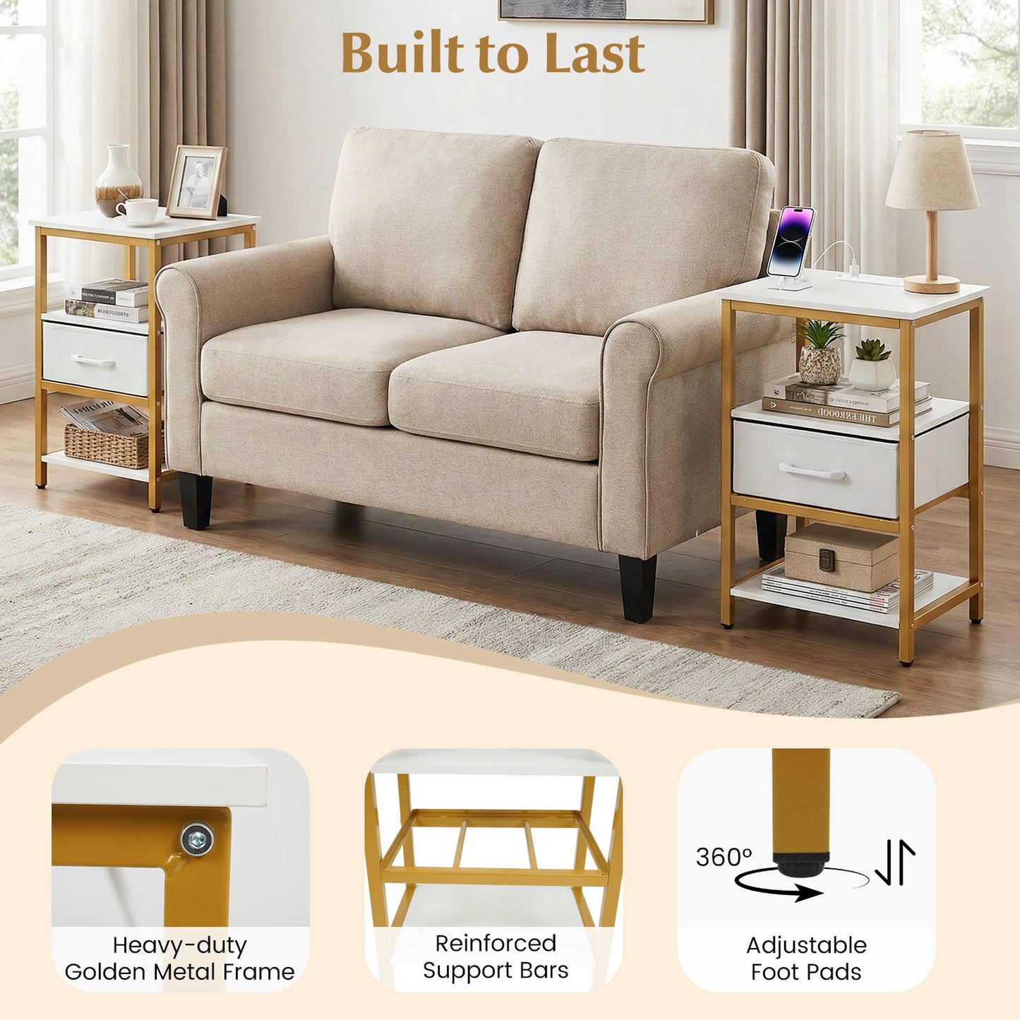 Nightstand with Charging Station and Adjustable Fabric Drawer for Bedroom and Living Room-Set of 2 Nightstands at Gallery Canada