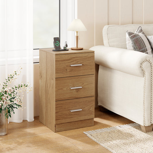 Nightstand with Charging Station End Table with 3 Storage Drawers Bedside Table for Bedroom, Natural Nightstands Natural at Gallery Canada