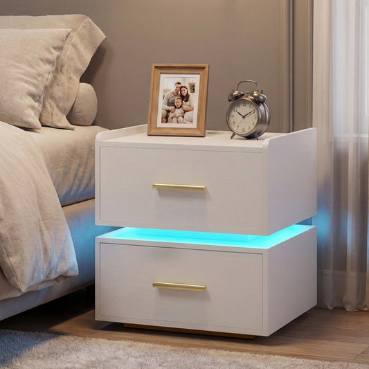 LED Nightstand With Charging Station, 2 Storage Drawers, White Nightstands White at Gallery Canada