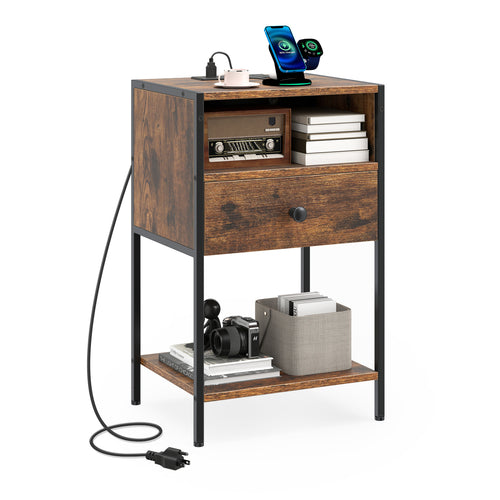 Nightstand With Charging Station, USB Ports And Outlets, Brown