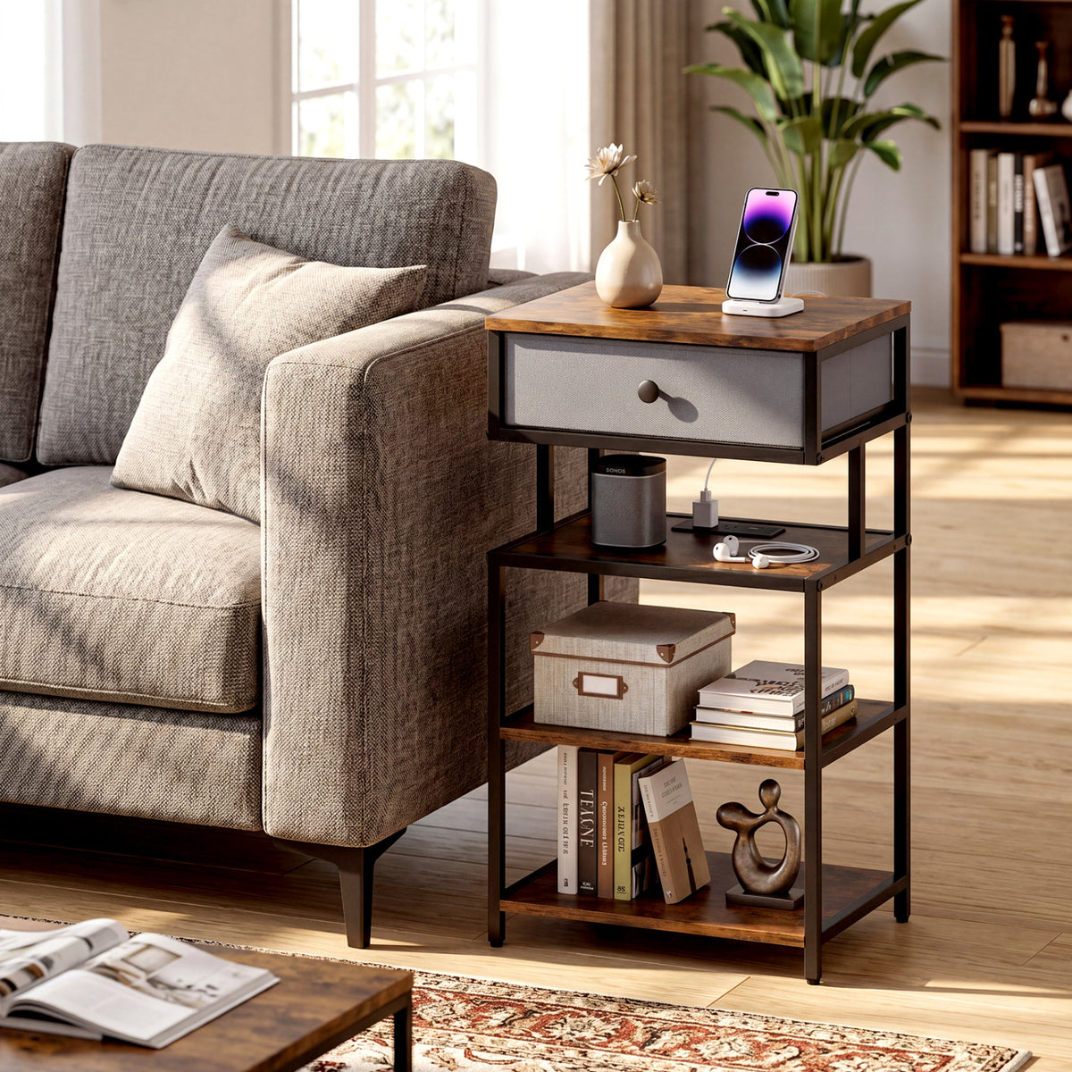 Nightstand With Charging Station, 28 Inch Tall, Rustic Brown Nightstands at Gallery Canada