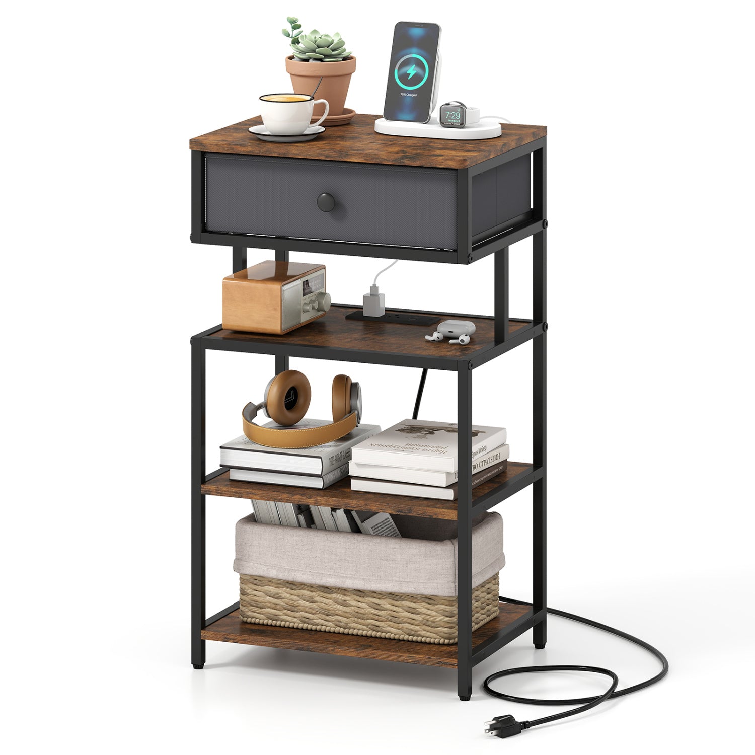 Nightstand With Charging Station, 28 Inch Tall, Rustic Brown Nightstands Rustic Brown at Gallery Canada