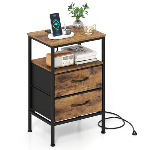 Nightstand With Charging Station, 24.5 Inch, Rustic Brown