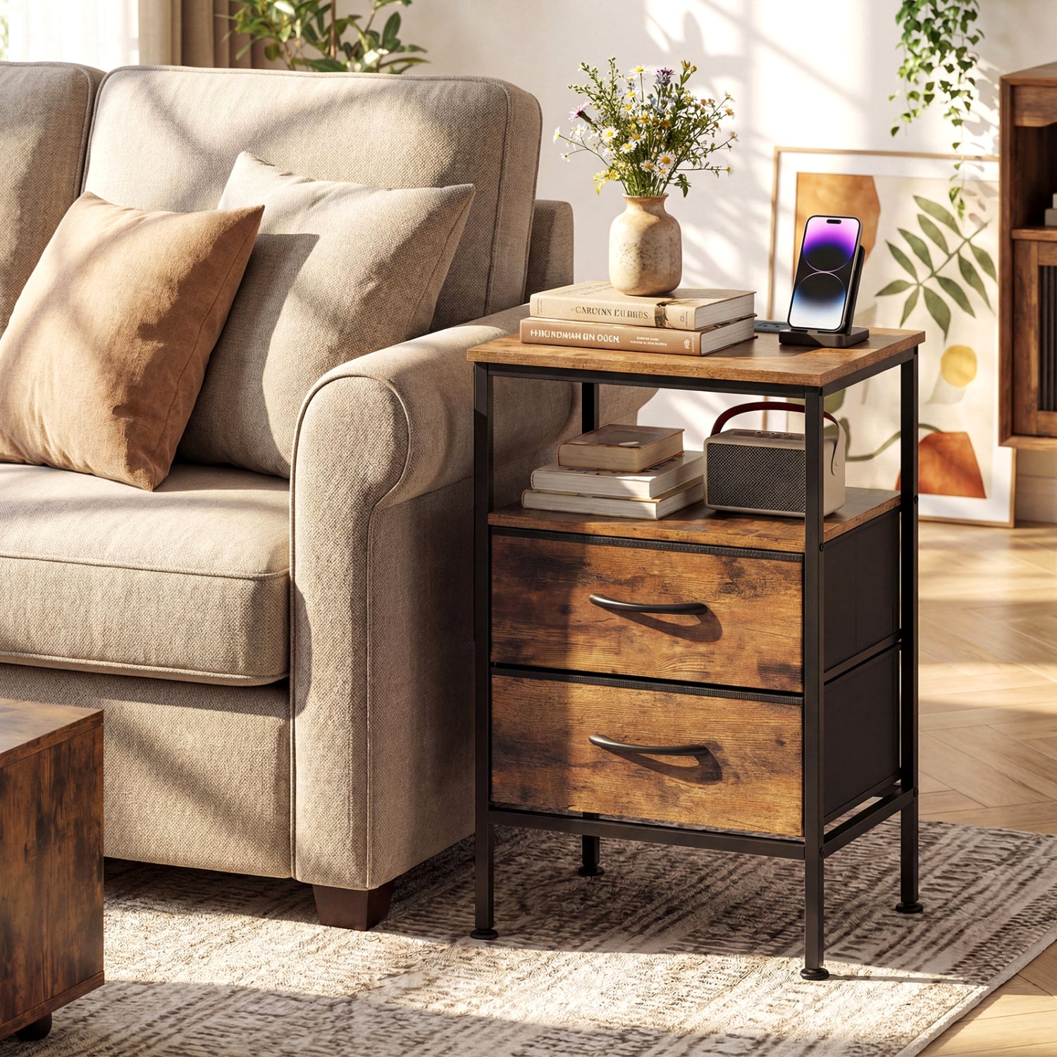 Nightstand With Charging Station, 24.5 Inch, Rustic Brown Nightstands at Gallery Canada