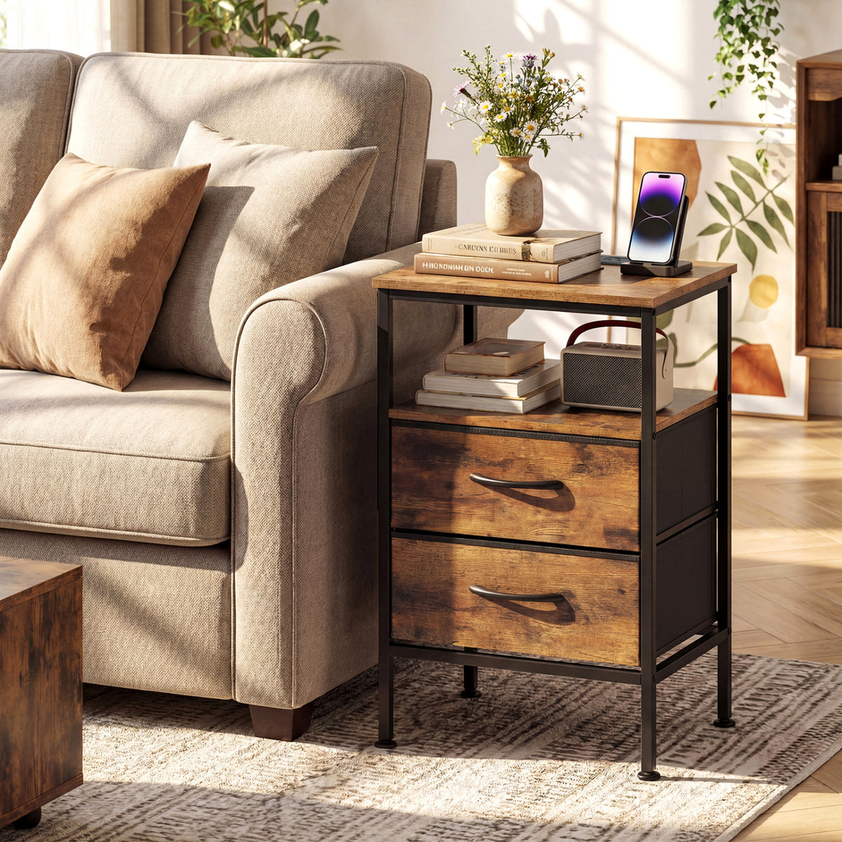 Nightstand With Charging Station, 24.5 Inch, Rustic Brown Nightstands at Gallery Canada