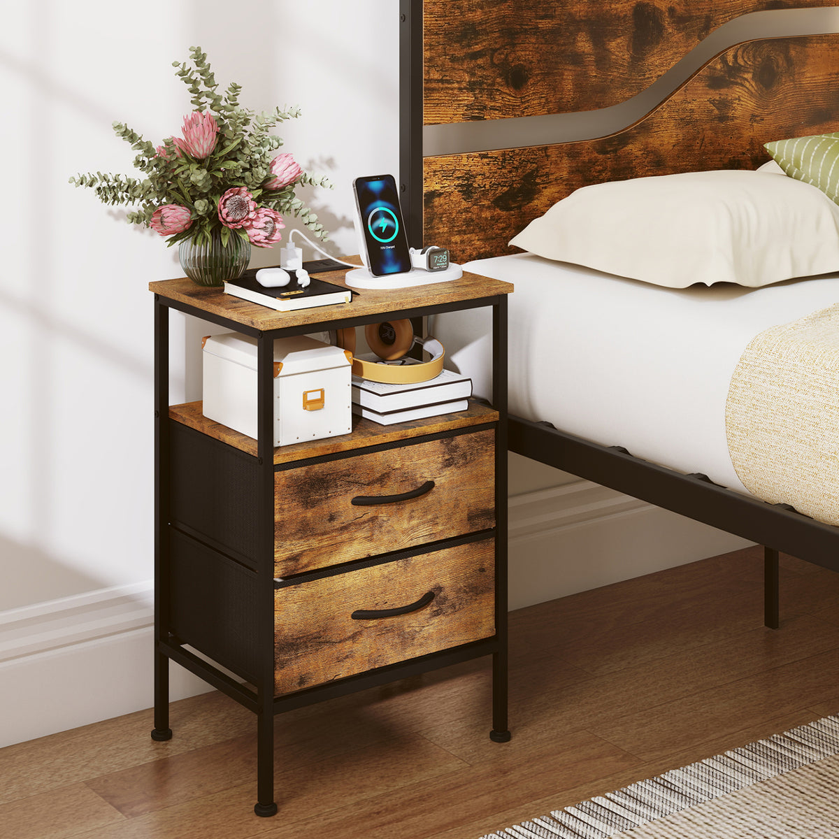 Nightstand With Charging Station, 24.5 Inch, Rustic Brown Nightstands at Gallery Canada