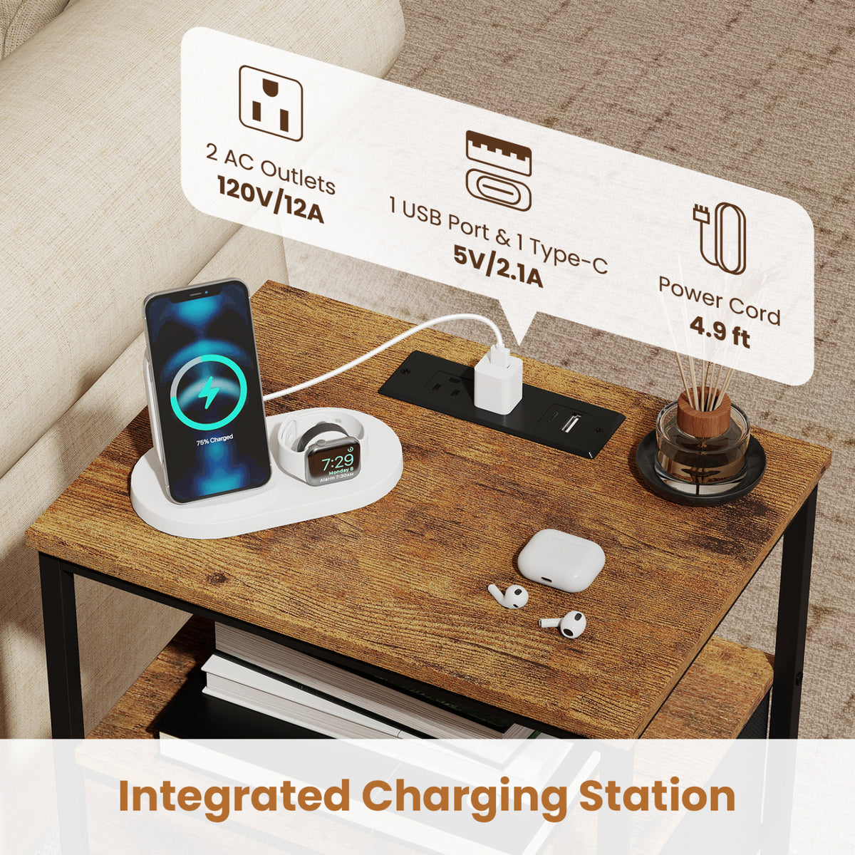 Nightstand With Charging Station, 24.5 Inch, Rustic Brown Nightstands at Gallery Canada