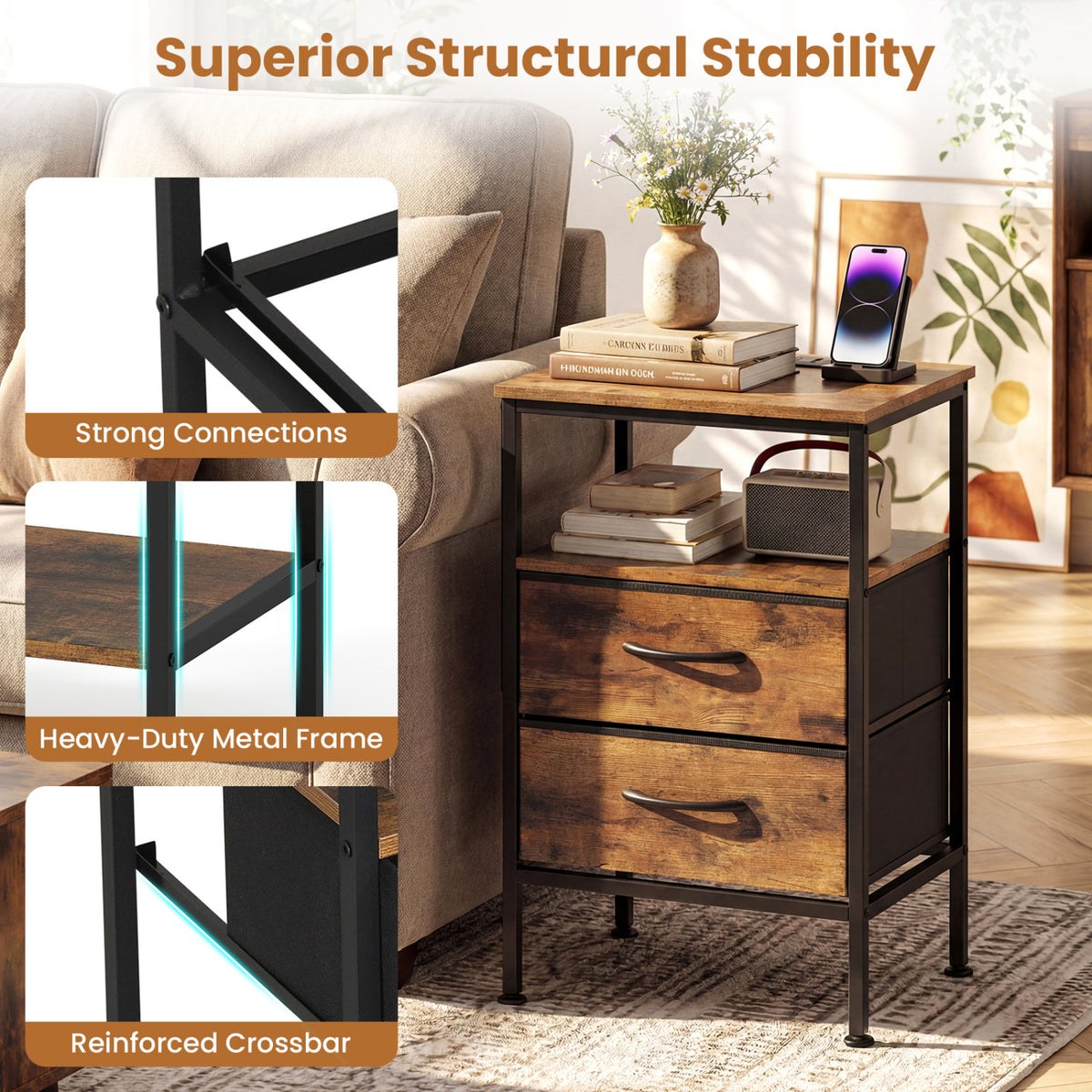 Nightstand With Charging Station, 24.5 Inch, Rustic Brown Nightstands at Gallery Canada