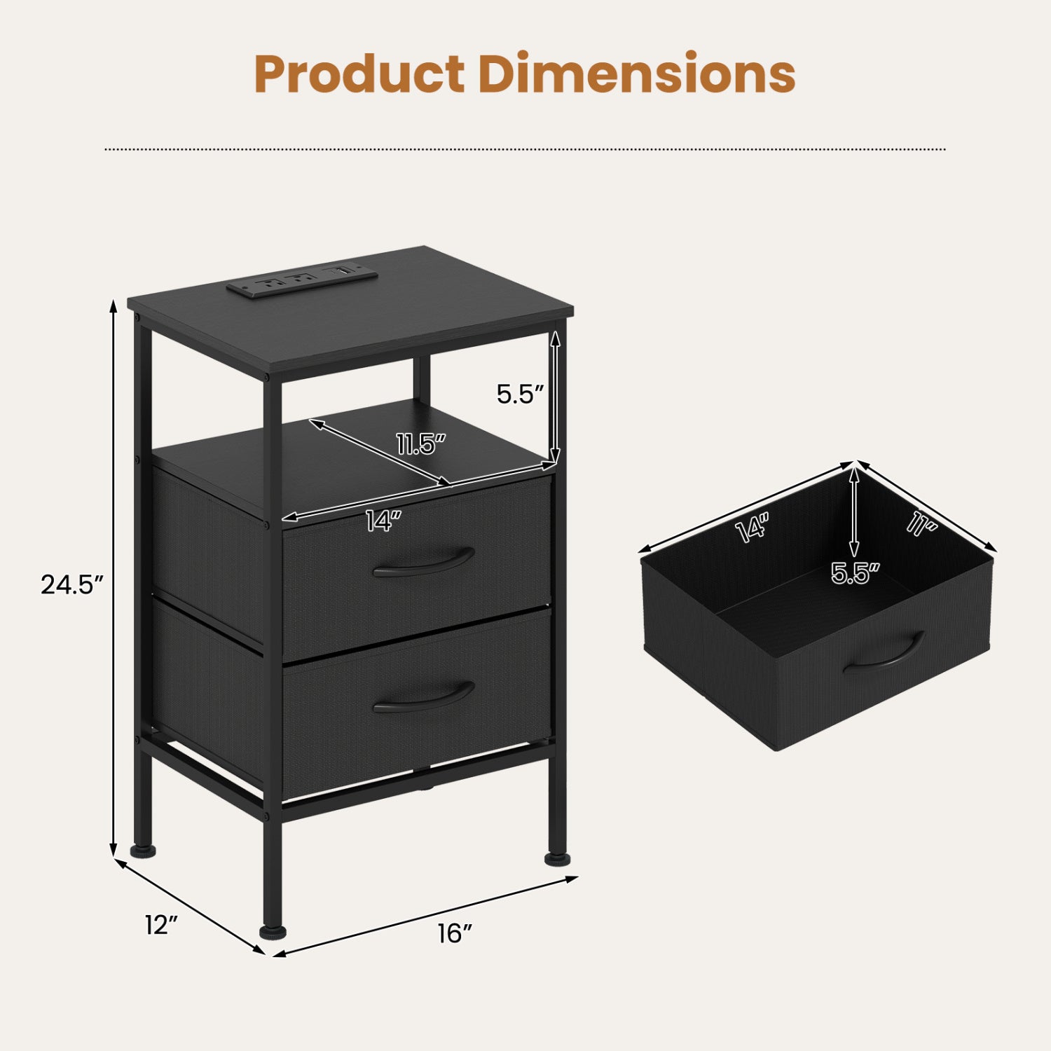 Nightstand With Charging Station, 24.5