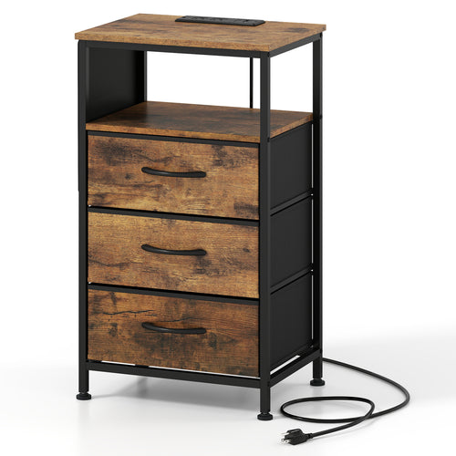 Modern Nightstand with Charging Station, 3 Drawers, Rustic Brown