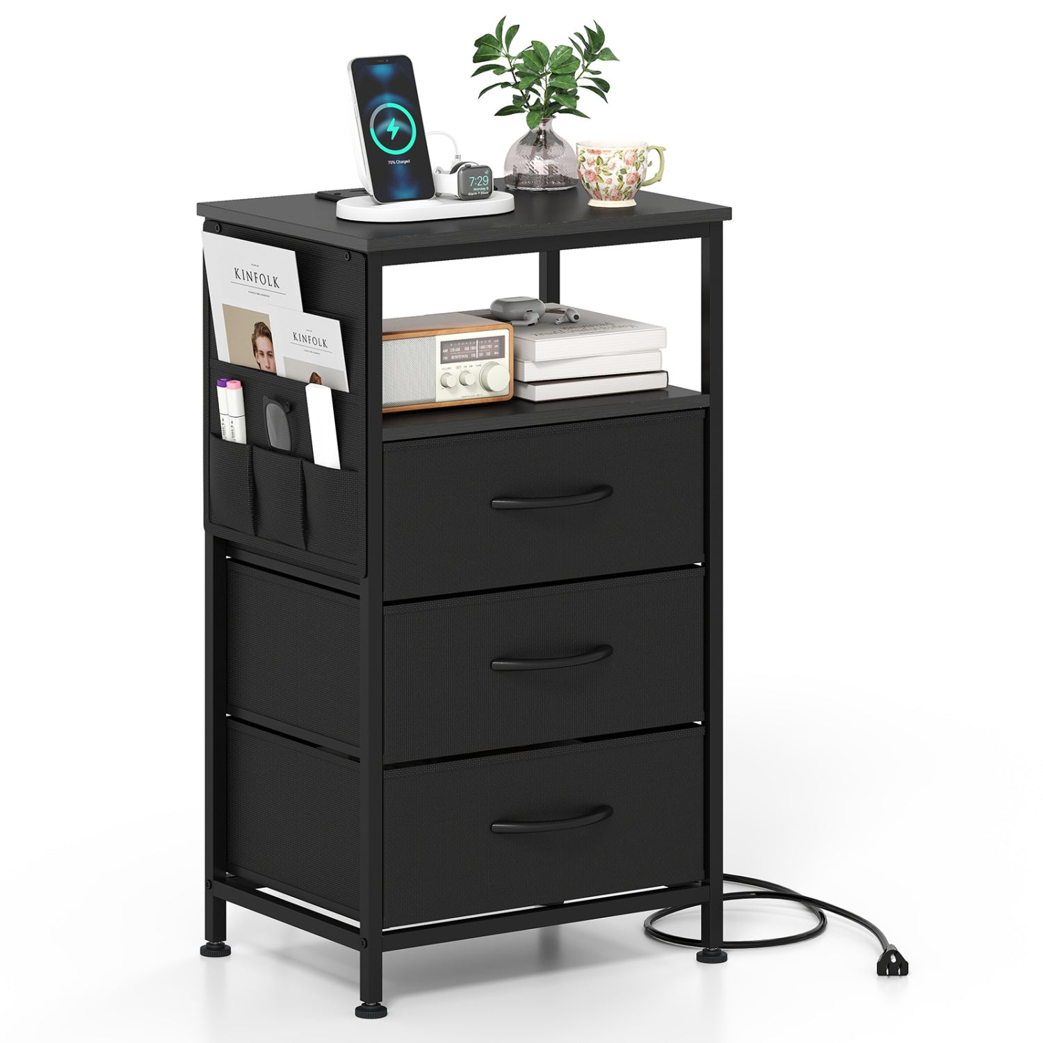 Nightstand With Charging Station, 27.5 Inch, Black Nightstands Black at Gallery Canada