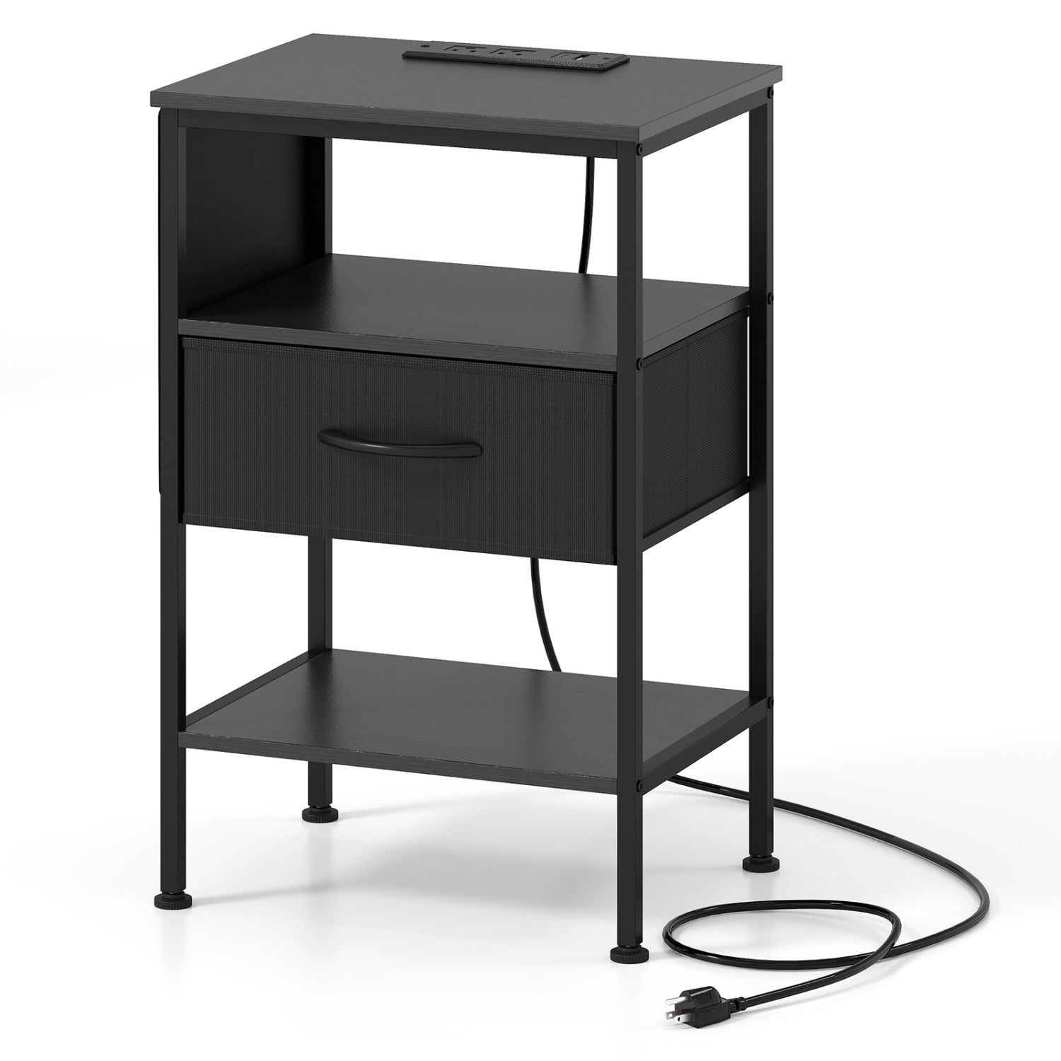 Nightstand with Charging Station 24.5 inch Modern Bedside Table with Fabric Drawer, Black Nightstands Black at Gallery Canada