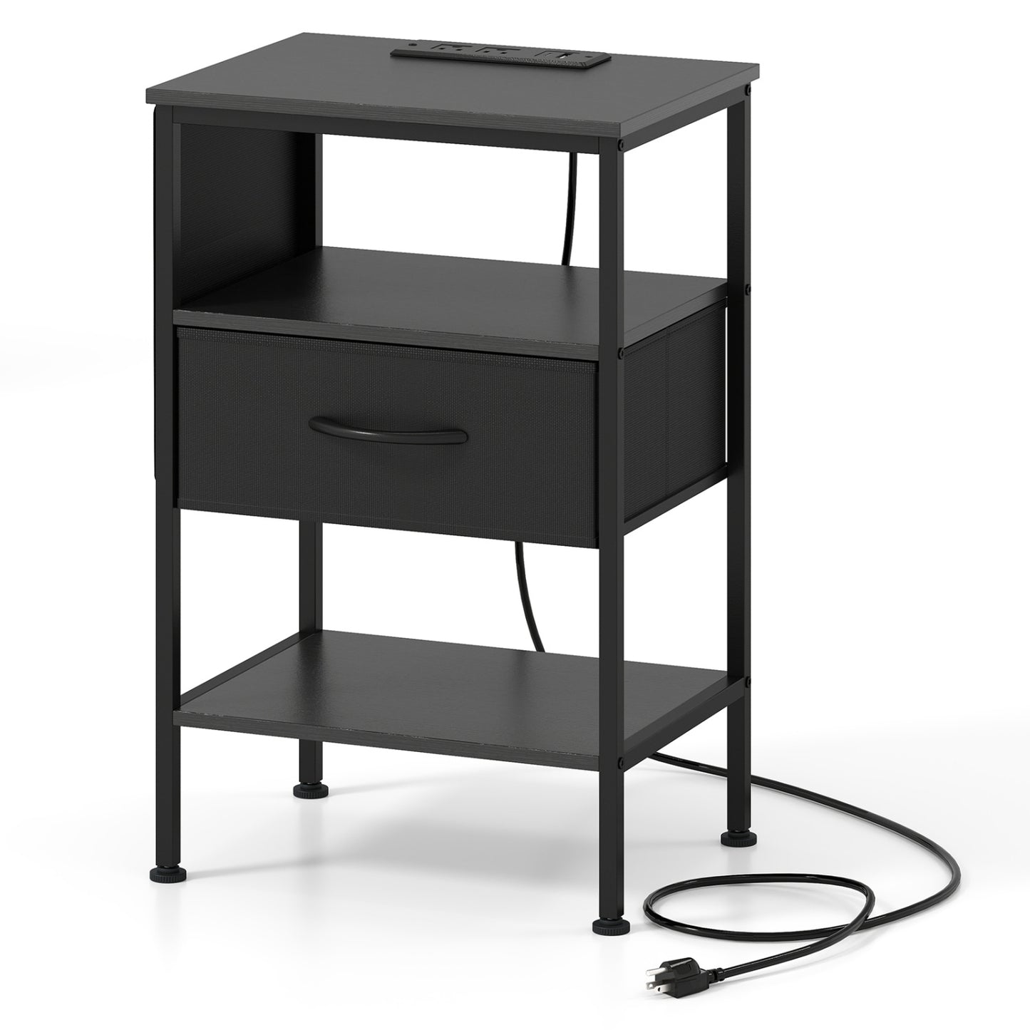 Nightstand with Charging Station 24.5 inch Modern Bedside Table with Fabric Drawer, Black Nightstands Black at Gallery Canada