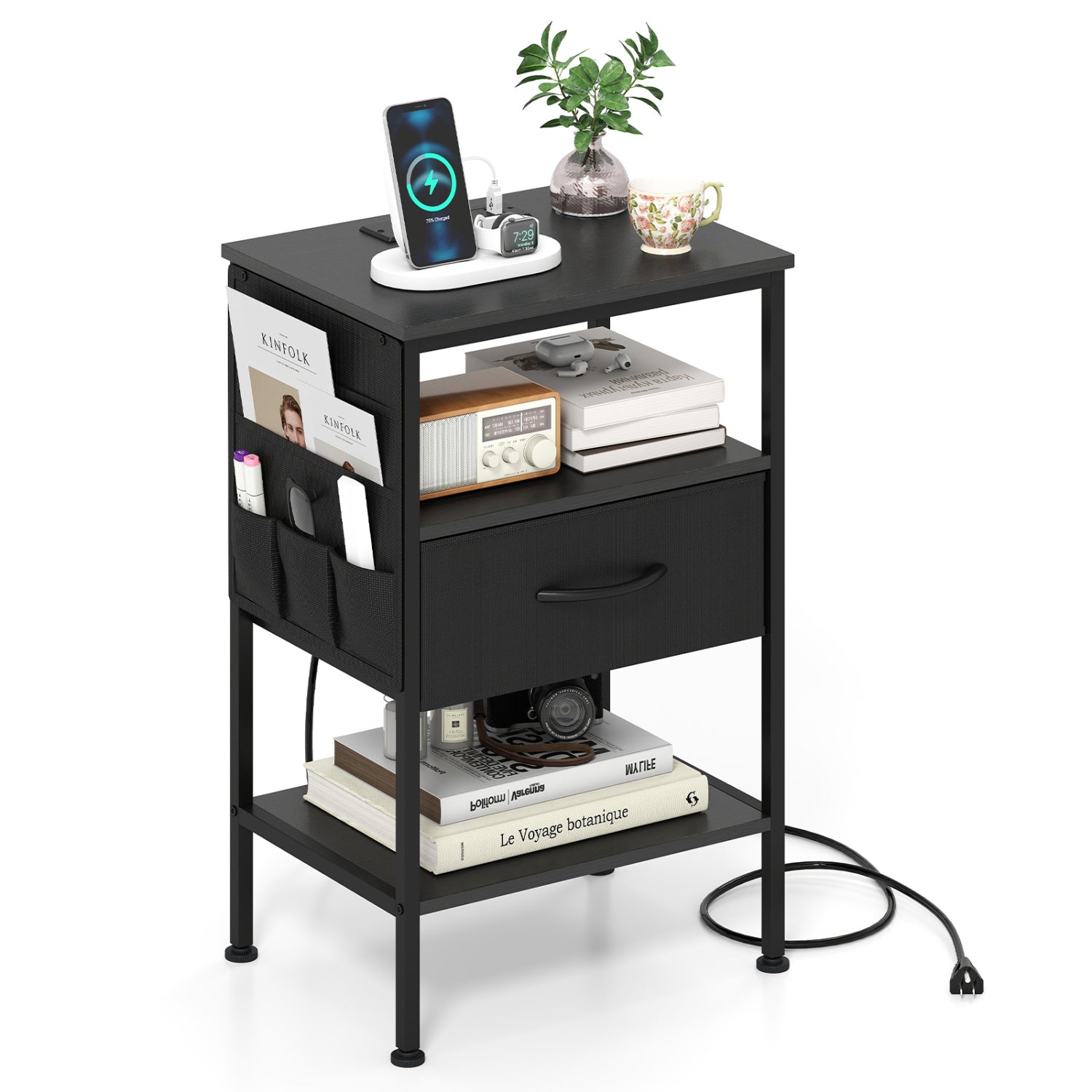 Nightstand with Charging Station 24.5 inch Modern Bedside Table with Fabric Drawer, Black Nightstands at Gallery Canada