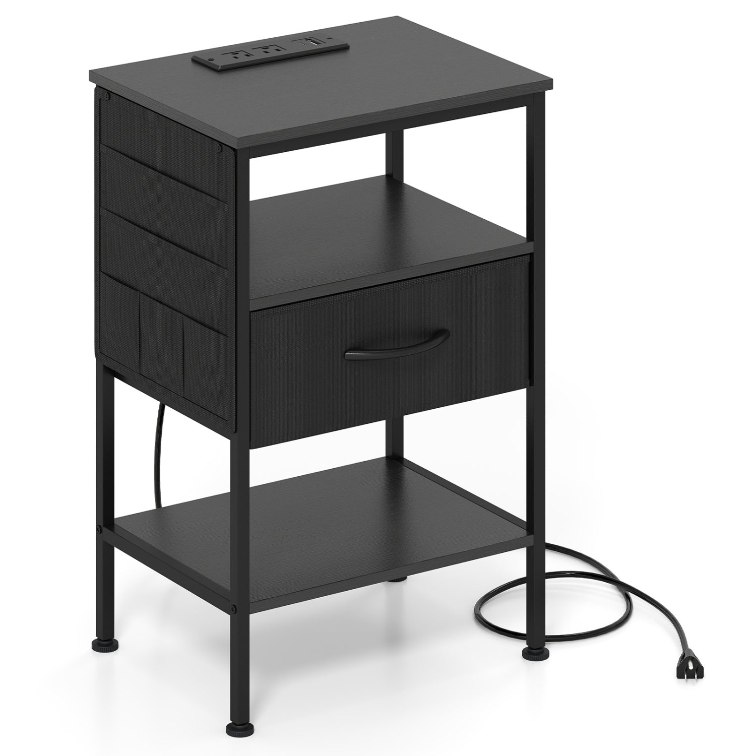 Nightstand with Charging Station 24.5 inch Modern Bedside Table with Fabric Drawer, Black Nightstands at Gallery Canada