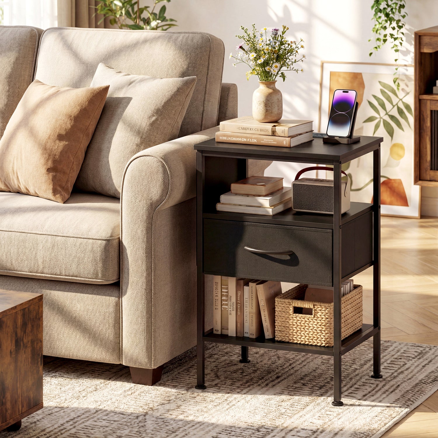 Nightstand with Charging Station 24.5 inch Modern Bedside Table with Fabric Drawer, Black Nightstands at Gallery Canada