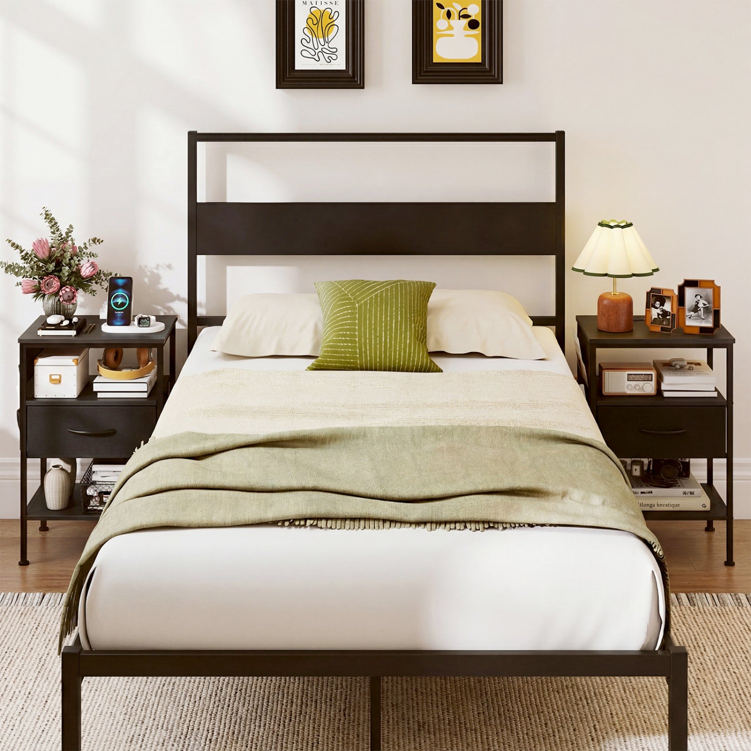 Nightstand with Charging Station 24.5 inch Modern Bedside Table with Fabric Drawer, Black Nightstands at Gallery Canada