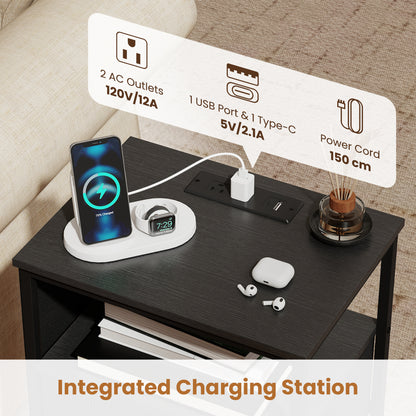 Nightstand with Charging Station 24.5 inch Modern Bedside Table with Fabric Drawer, Black Nightstands at Gallery Canada