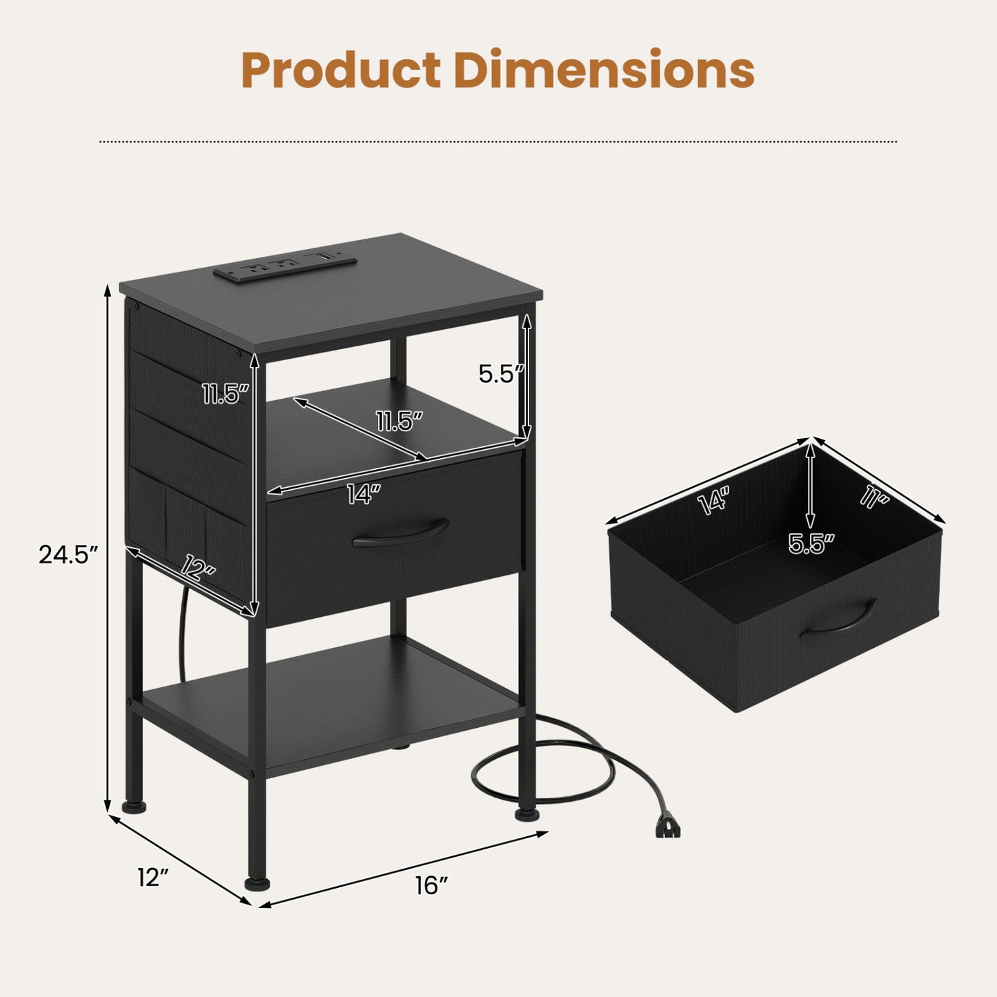 Nightstand with Charging Station 24.5 inch Modern Bedside Table with Fabric Drawer, Black Nightstands at Gallery Canada