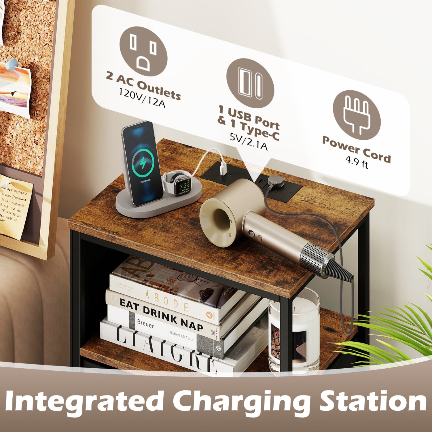 Nightstand With Charging Station, 39 Inches, Brown Nightstands at Gallery Canada