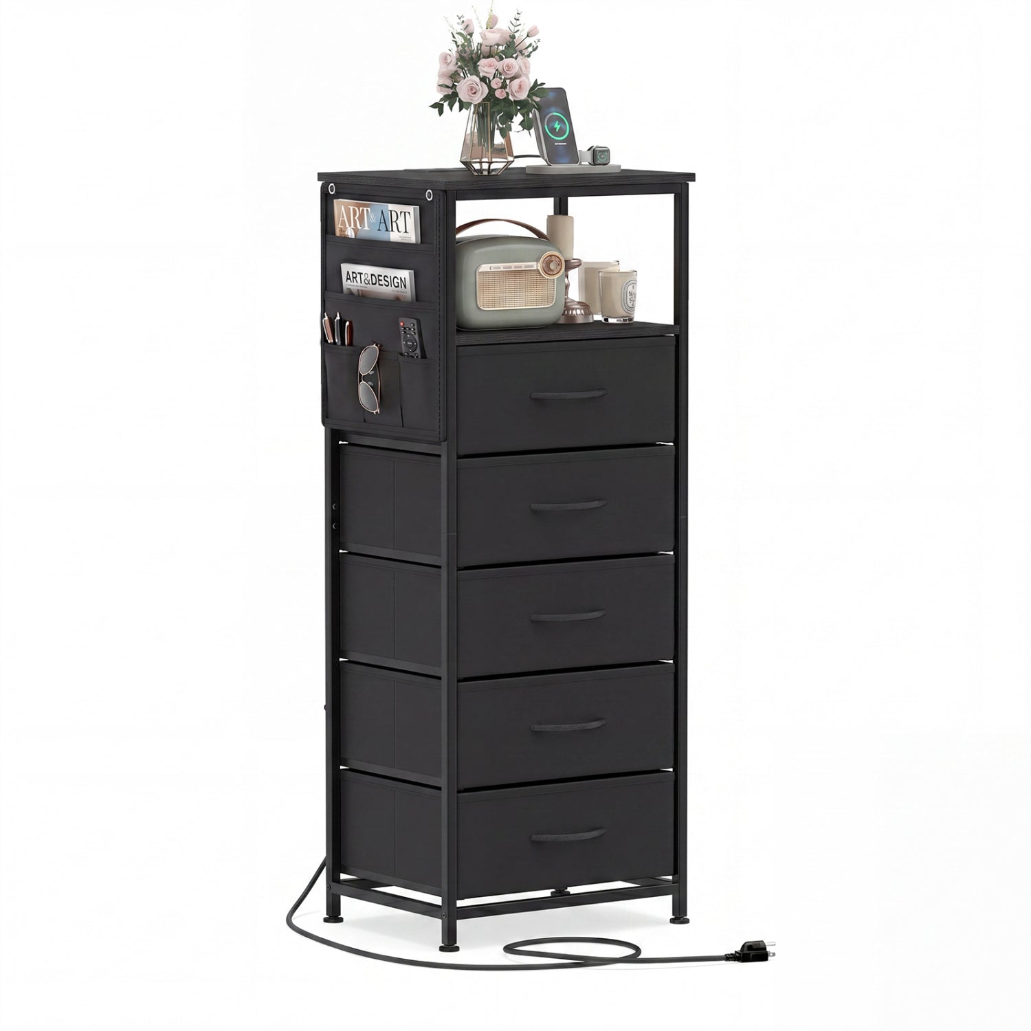 Nightstand With Charging Station, 39 Inches, Black Nightstands at Gallery Canada
