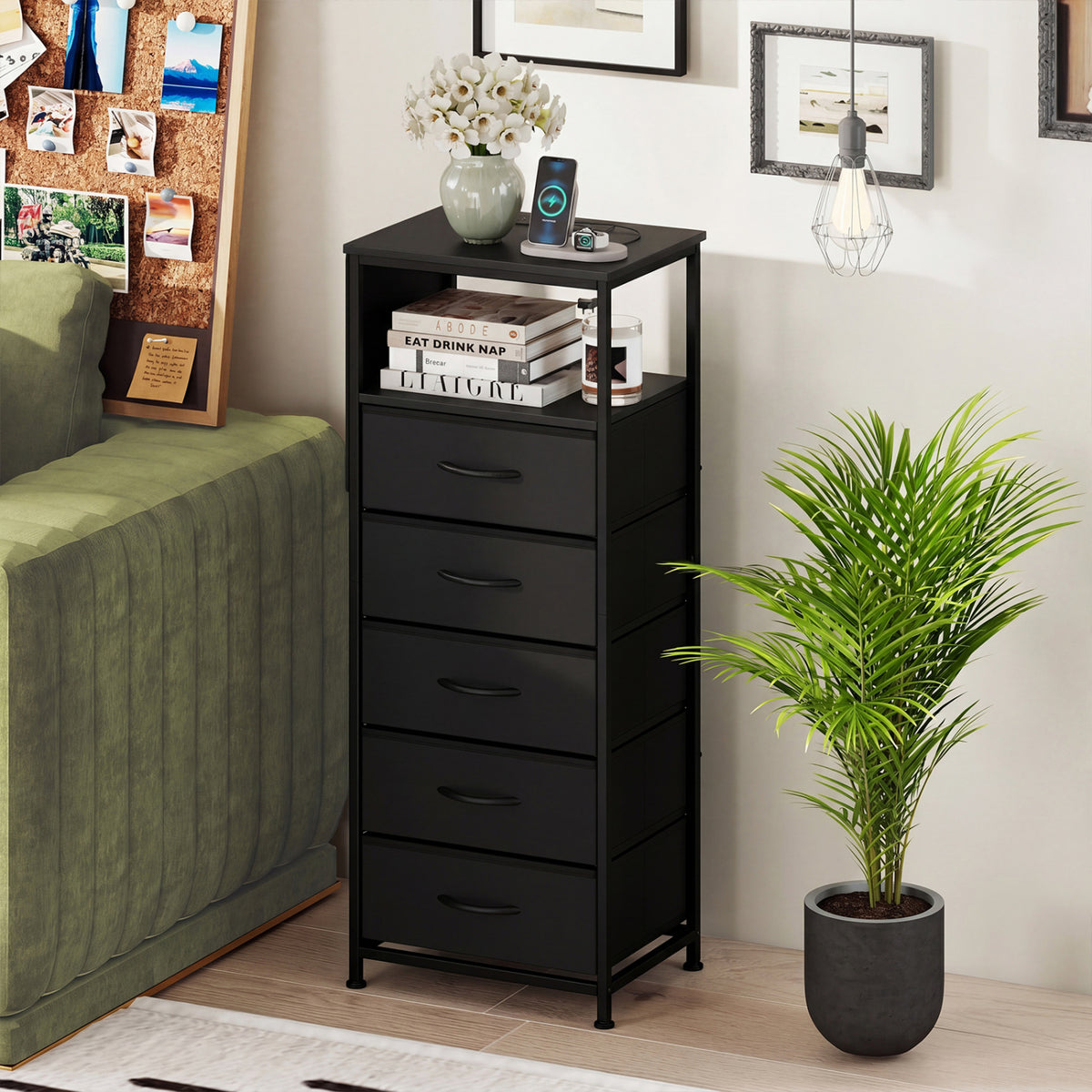 Nightstand With Charging Station, 39 Inches, Black Nightstands at Gallery Canada