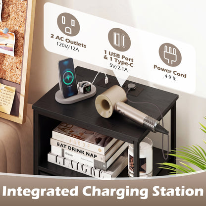 Nightstand With Charging Station, 39 Inches, Black Nightstands at Gallery Canada