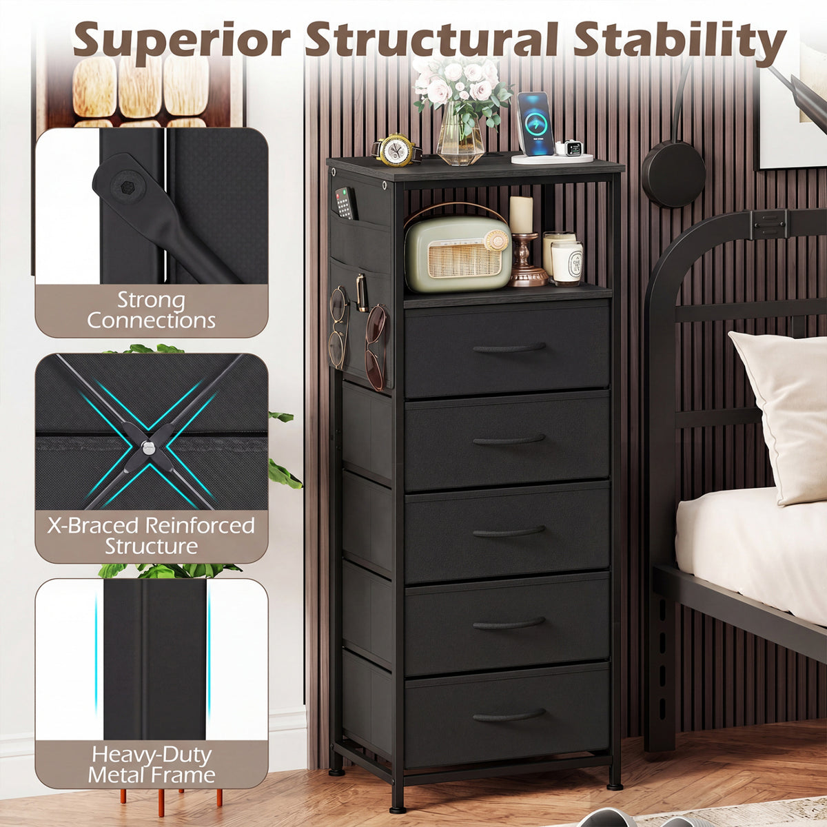 Nightstand With Charging Station, 39 Inches, Black Nightstands at Gallery Canada
