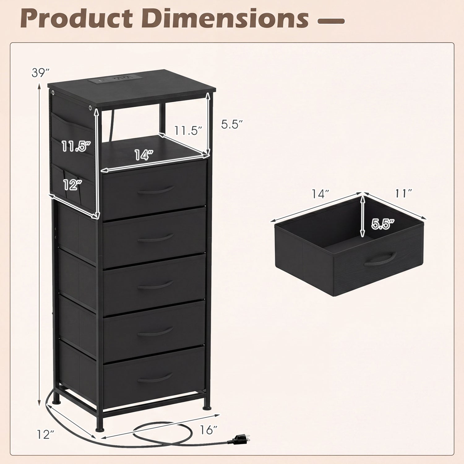 Nightstand With Charging Station, 39 Inches, Black Nightstands at Gallery Canada
