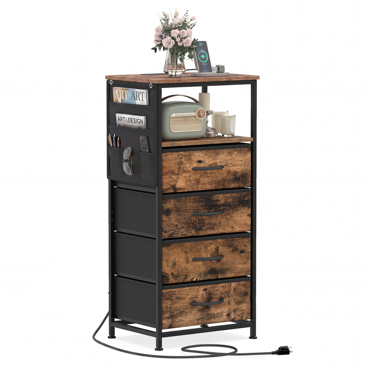 Nightstand with Charging Station, 34" Modern Bedside Table, Rustic Brown Nightstands at Gallery Canada