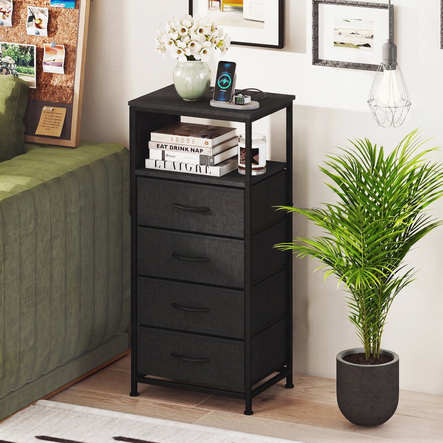 34" Modern Nightstand With Charging Station, Black Nightstands at Gallery Canada