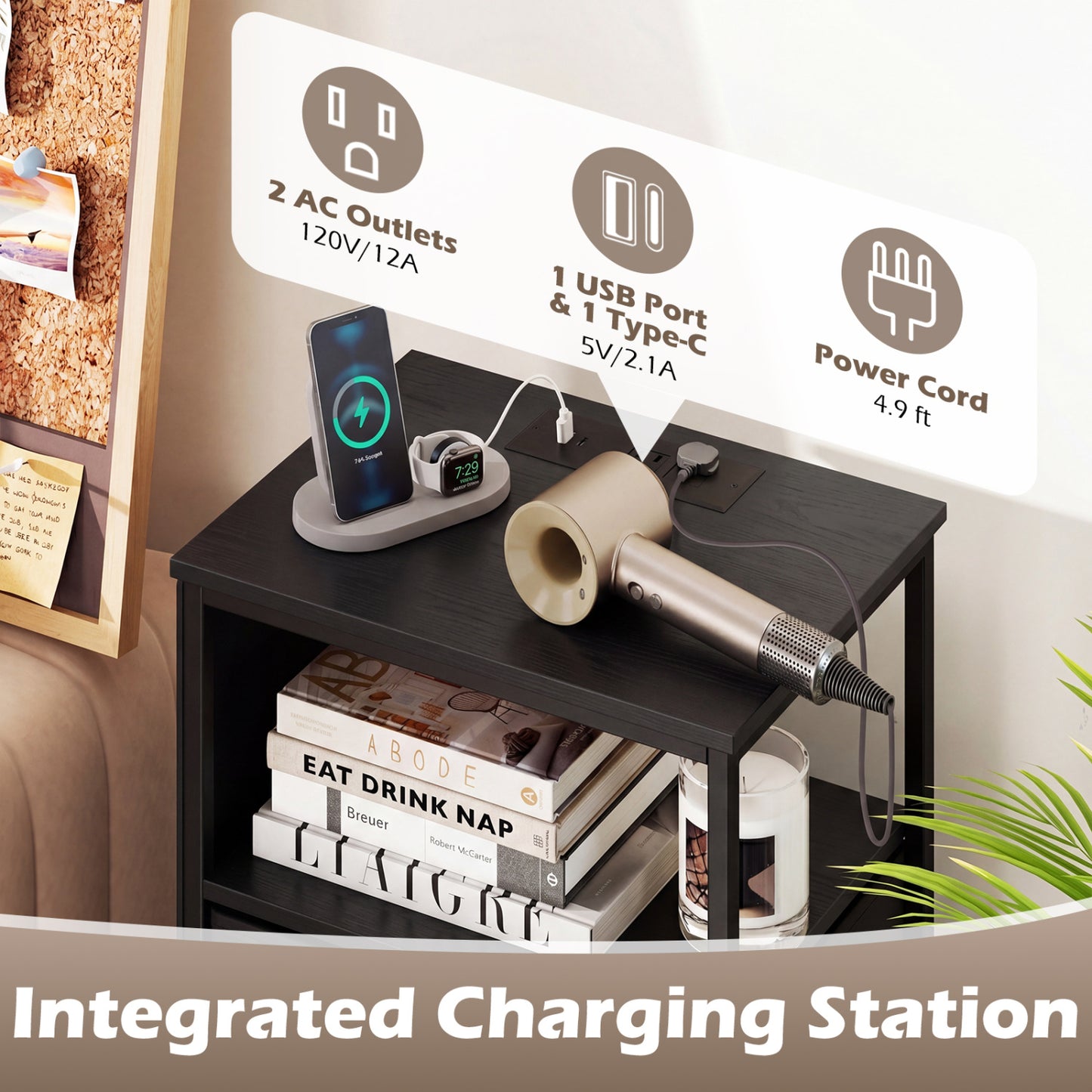 34" Modern Nightstand With Charging Station, Black Nightstands at Gallery Canada