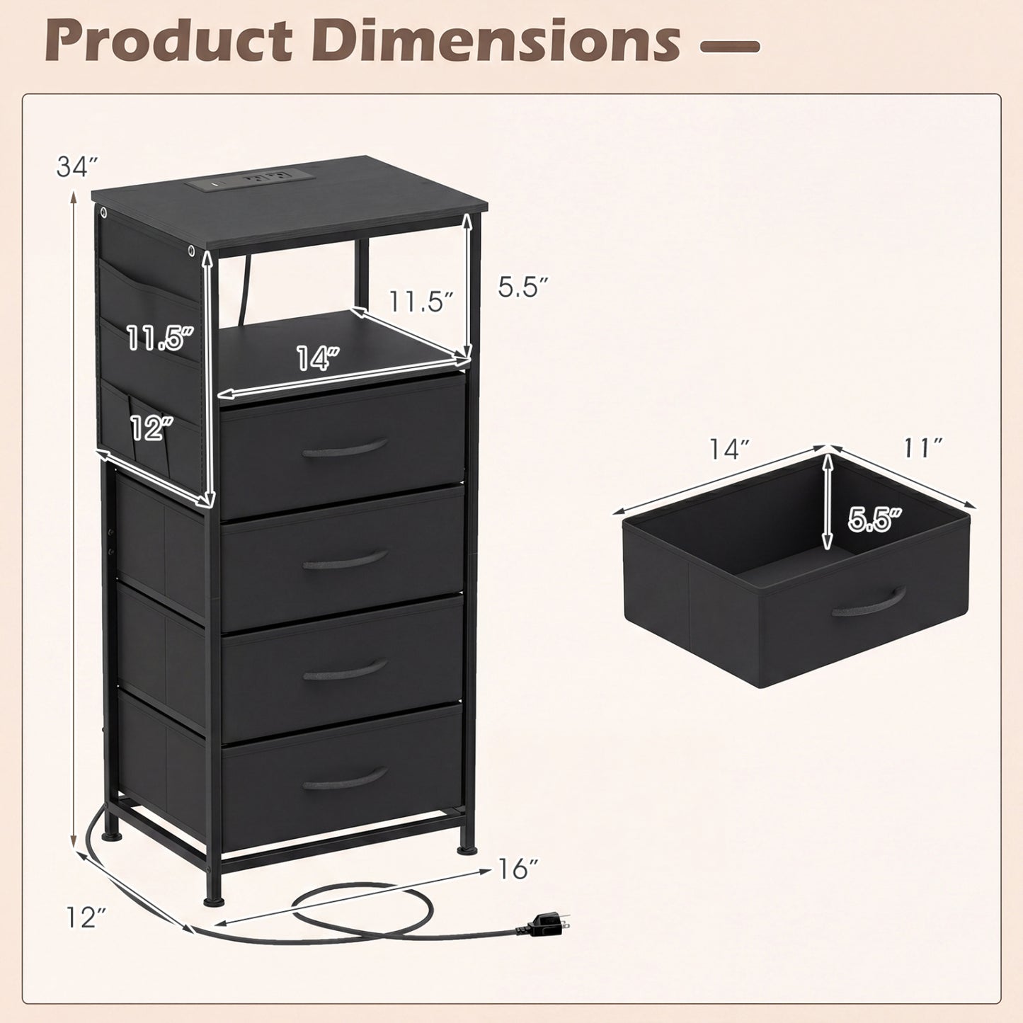 34" Modern Nightstand With Charging Station, Black Nightstands at Gallery Canada
