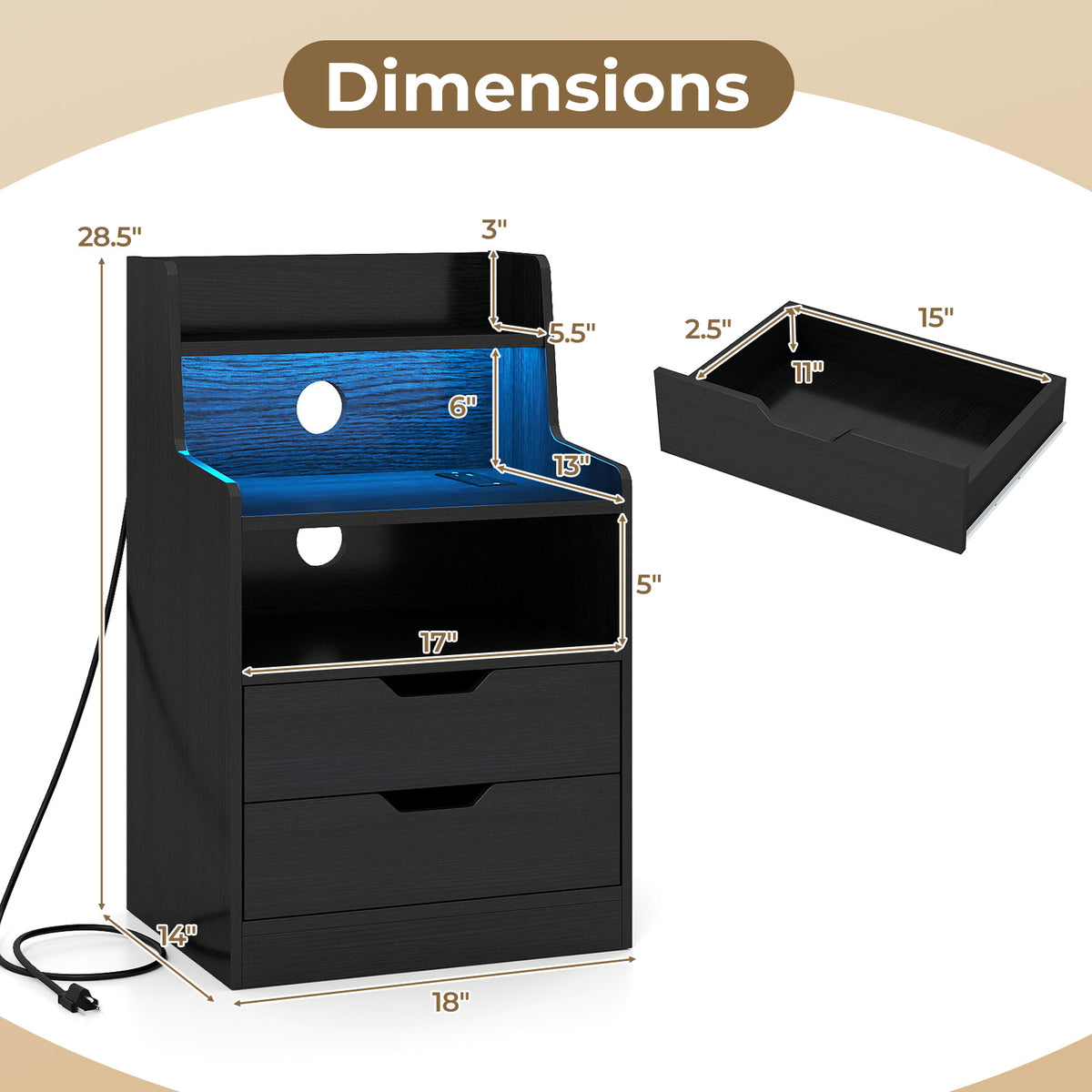 Nightstand With LED Light, Charging Station, Black Nightstands at Gallery Canada