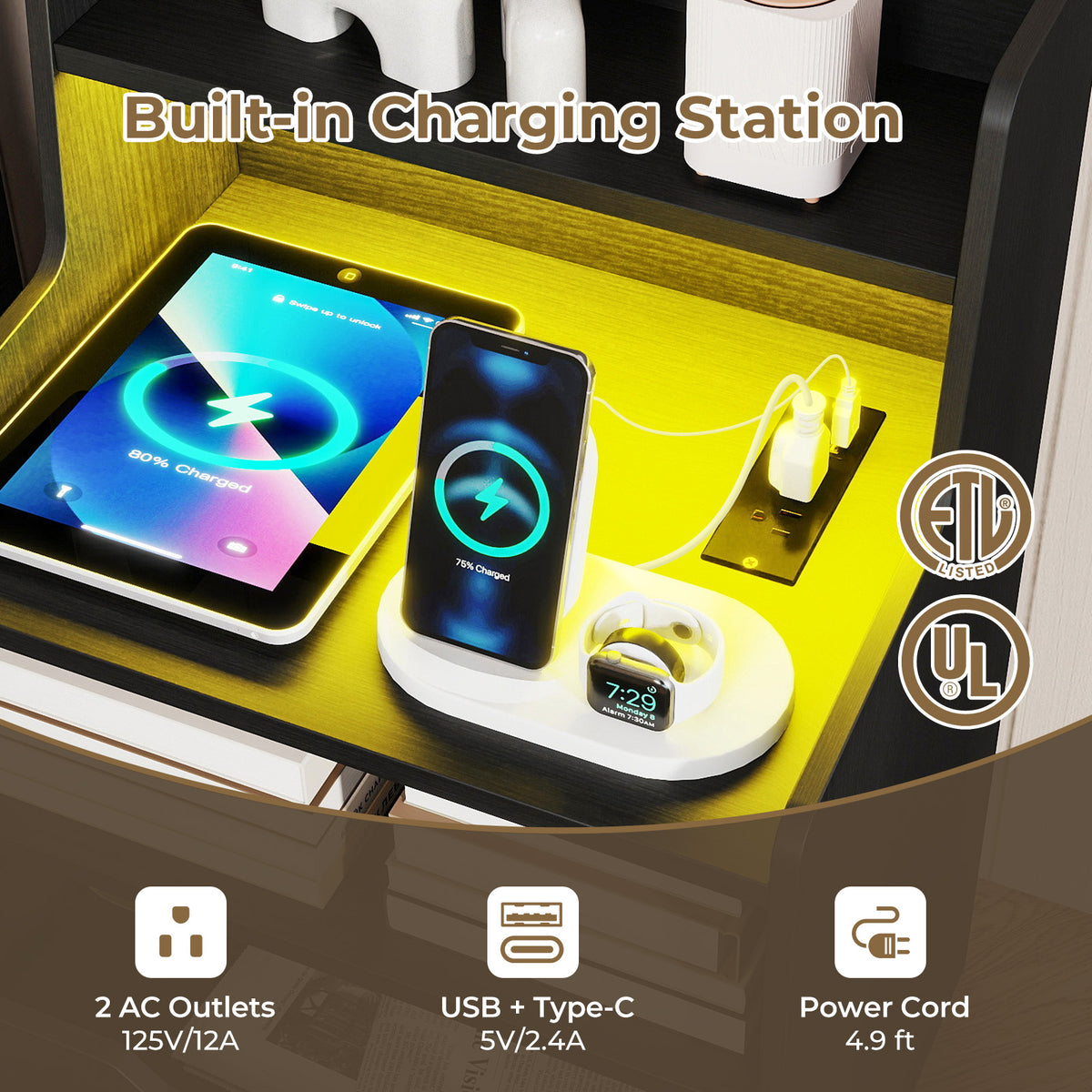 Nightstand With LED Light, Charging Station, Black Nightstands at Gallery Canada