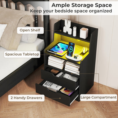 Nightstand With LED Light, Charging Station, Black Nightstands at Gallery Canada