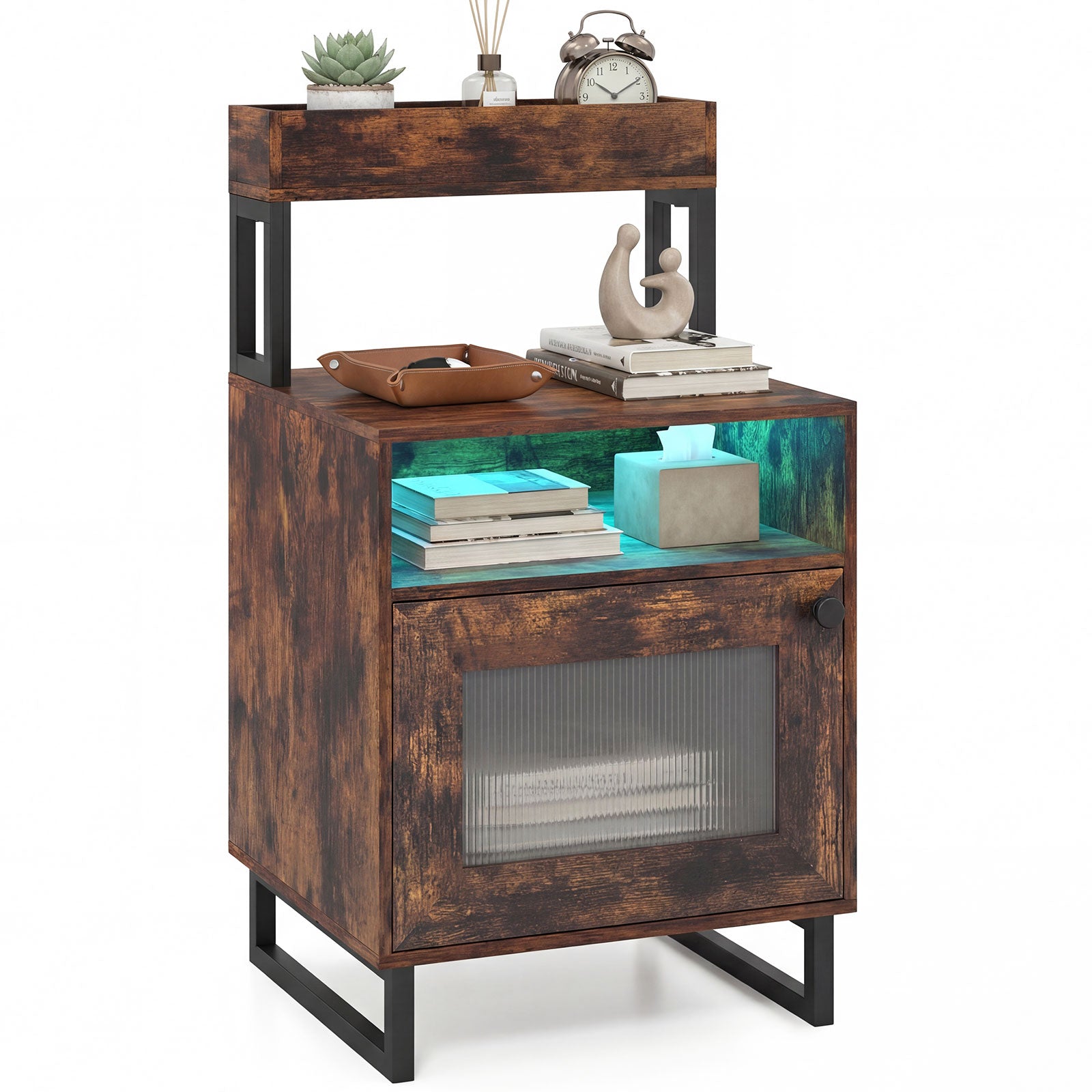 Nightstand with LED Lights, Modern End Table, Size, Rustic Brown Nightstands at Gallery Canada