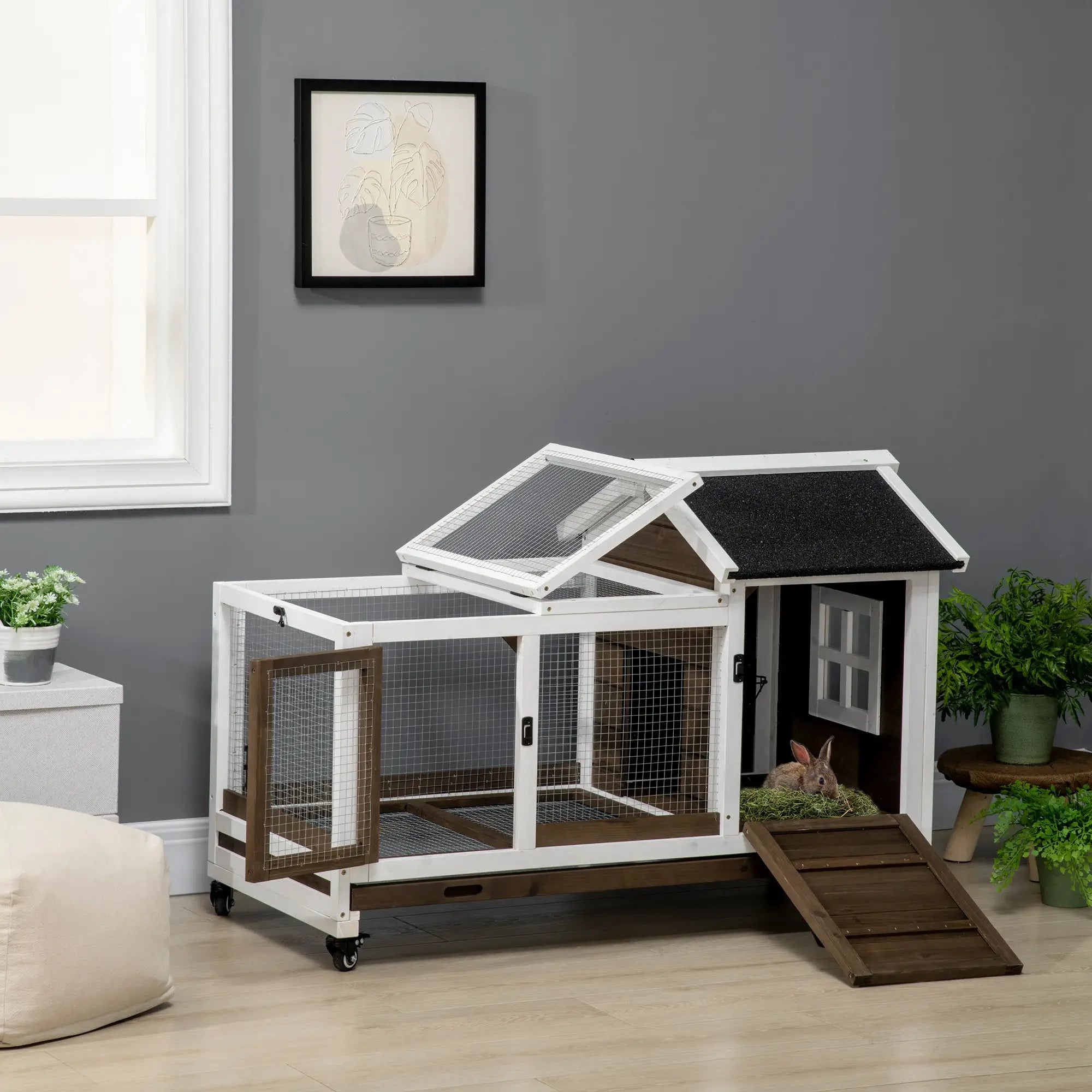 Rabbit Cage with Wheels, Ramp, Run, Tray, Indoor Outdoor Rabbit Hutch at Gallery Canada