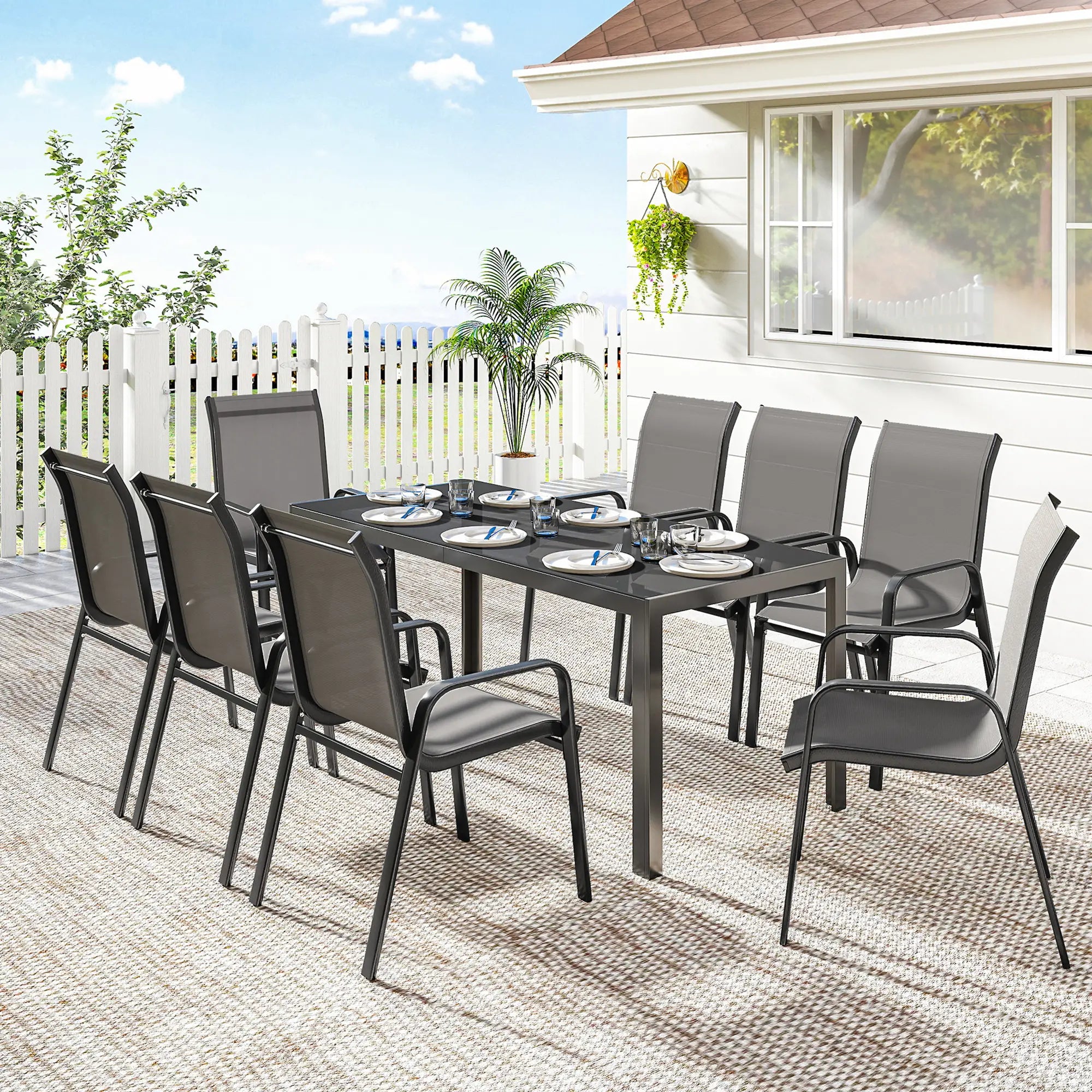 9-Piece Patio Dining Set, Glass Top Table, Stackable Chairs, Dark Grey Outdoor Dining Sets at Gallery Canada