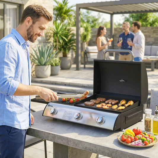 3 Burner Portable Propane Gas Grill Griddle, 28,500 BTU, Black