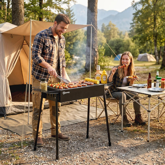 Portable Charcoal Grill With Side Baskets, Hooks, Nets, Black