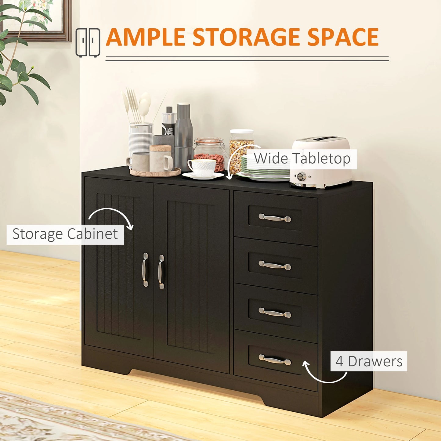 Modern Sideboard Buffet Cabinet, Drawers, Beadboard Door, Black Storage Cabinets at Gallery Canada